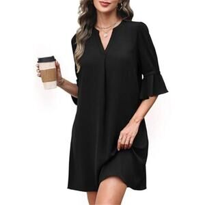 Black Shift Dress V - Neck Ruffle Short Sleeve Casual Summer Dress with Pockets